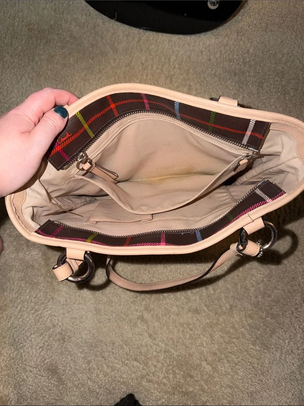 Coach Brown Plaid Tote with Pink Trim and Multicolor Lines